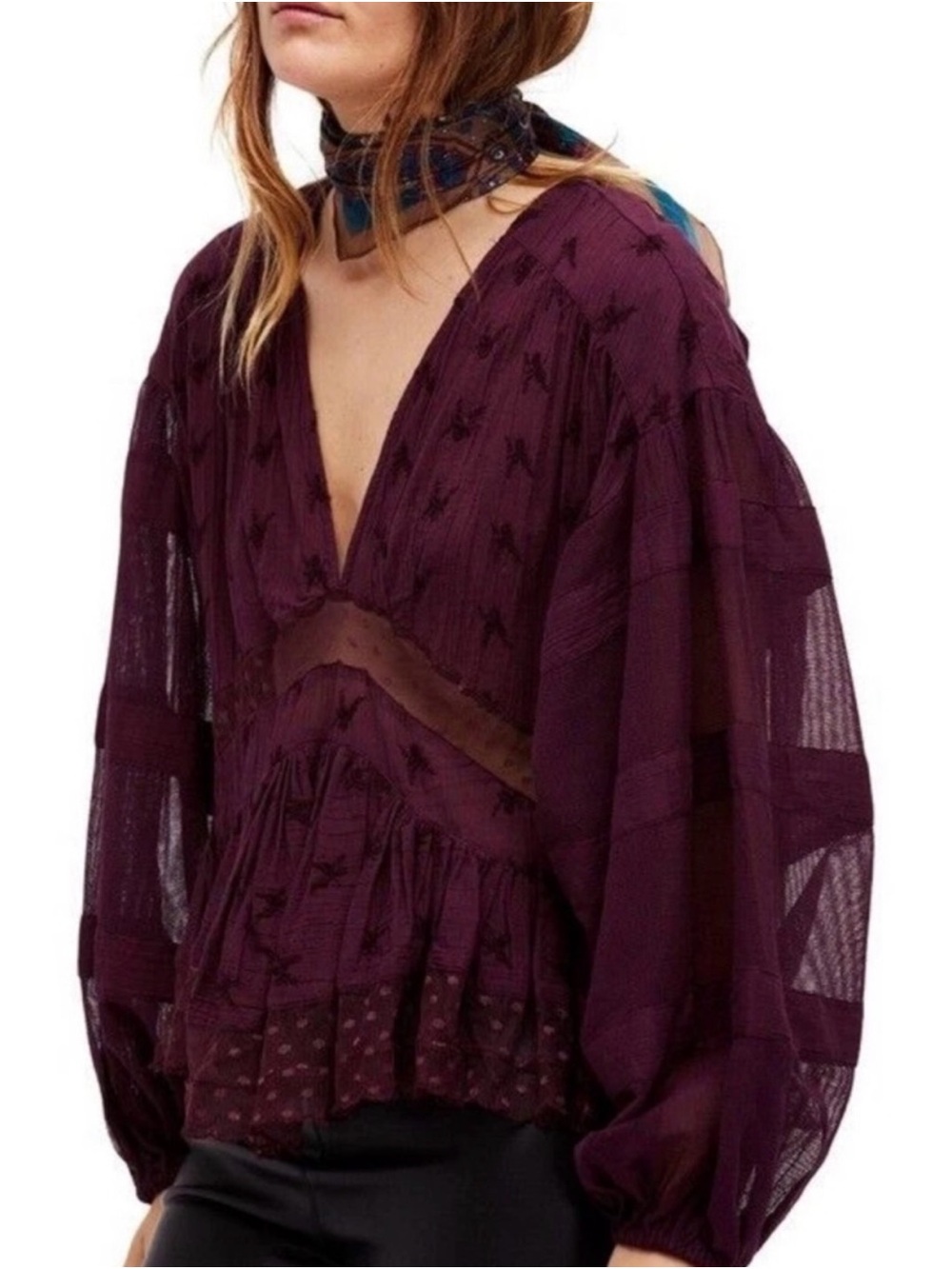 Free People Nostalgic Feels Plum V-Neck Sheer Panel Blouse - Women